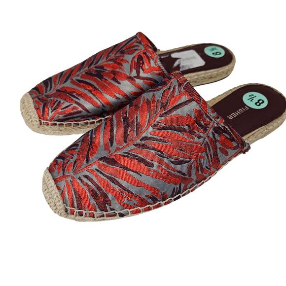 Marc Fisher Gift Espadrille Mules‎ 8.5 Orange Grey Jacquard Palm Leaves Slip On - Picture 1 of 7